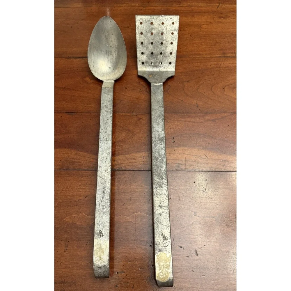 Vintage French Heavy Duty Aluminum Serving Spoon & Perforated Spatula Set of 2
